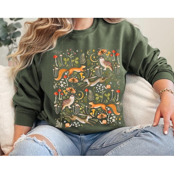 Mystical Magical Forest Friends Wildlife Sweatshirt | Cottage Core Sweatshirt | Whimsical Forest Mushroom Sweatshirt | S For Her | S16, Sweatshirt Size S-5Xl