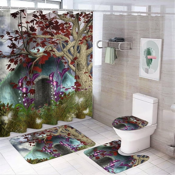 Mystical Magical Tree Anime Moon 4Pcs Shower Curtain Set Washable Bathroom Sets with Toilet Lid Cover and Non-Slip Rug Bath Accessories Decor