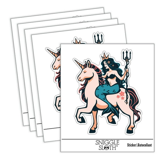 Mystical Mermaid Riding Unicorn Car Window Bumper Water Bottle Phone Tablet Laptop Waterproof Vinyl Decal Sticker Set 5-Pack - Gloss Finish - 4.0"