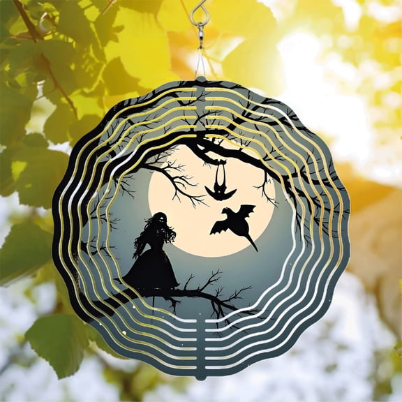 Mystical Metal Hanging Wind Spinner & Chime - Silhouette Woman Moon Bat & Bird Design for Enchanting Yard & Garden Decor