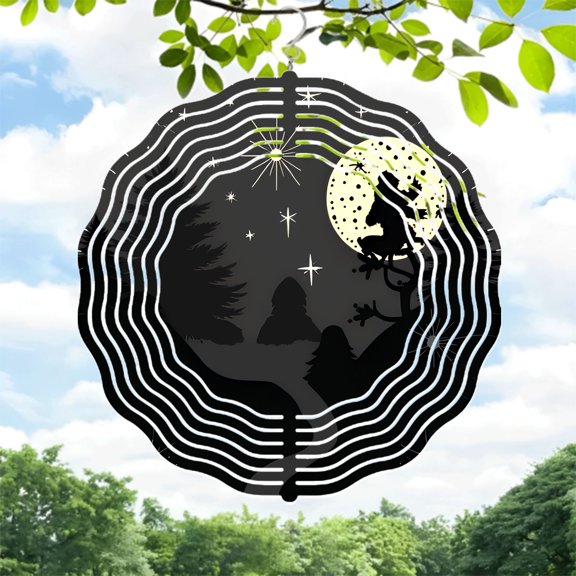 Mystical Metal Hanging Wind Spinner - Concentric Rings with Moon Stars Horse & Rider Silhouette - Serene Garden Decor for Yard