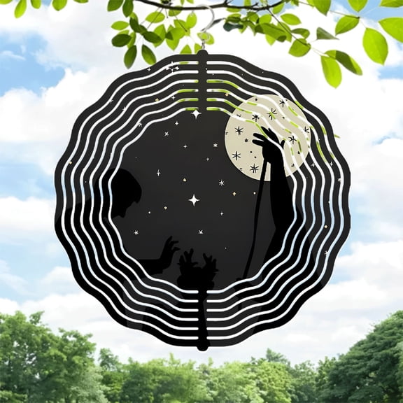 Mystical Metal Hanging Wind Spinner with Concentric Waves & Silhouetted Figures - Celestial Garden Decor for Yard & Outdoor Spaces