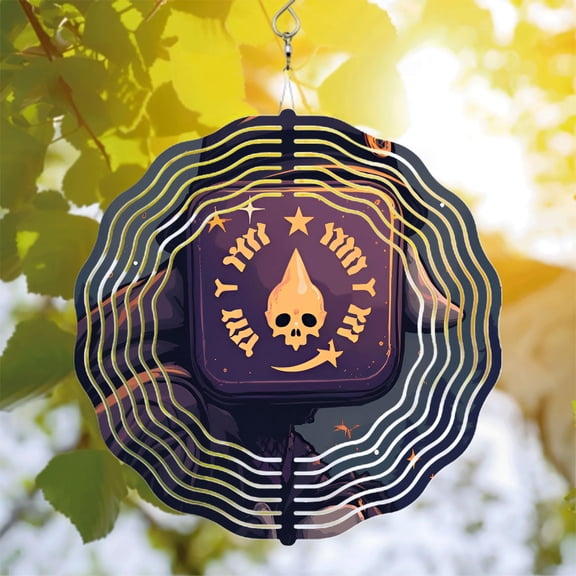 Mystical Metal Hanging Wind Spinner with Concentric White Waves & Golden Skull Emblem - Perfect for Yard & Garden Decor