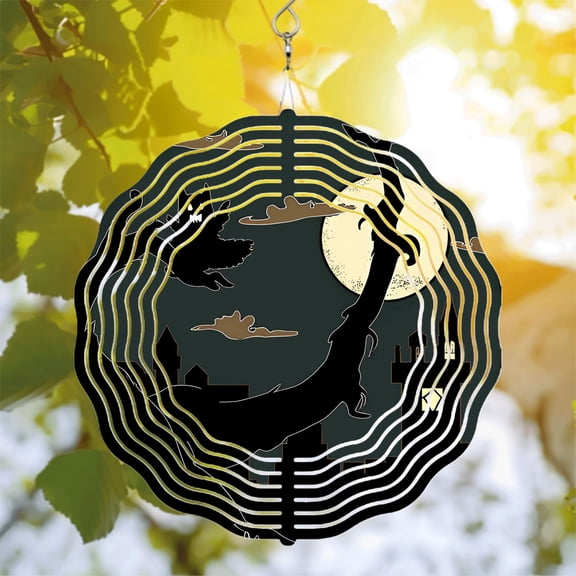 Mystical Metal Hanging Wind Spinners & Chimes - Enchanting Night Scene with Dragon Bird & Castle Design for Garden Decor