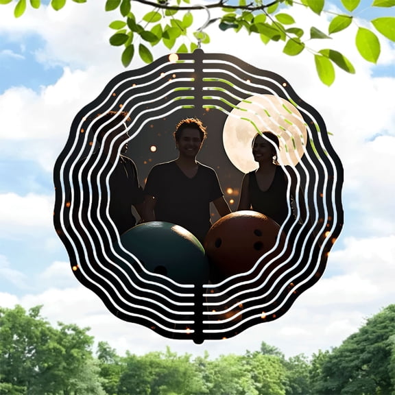 Mystical Metal Hanging Wind Spinners - Serene Garden Wind Chimes with Concentric Wave Patterns & Glowing Moon Design