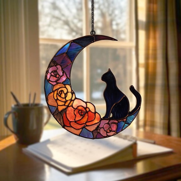 Mystical Moon Black Cat Faux Suncatcher – Black Kitty on Crescent Branch with Roses & Purple Acrylic, Gothic Window Hanging