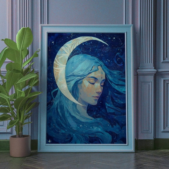 Mystical Moon Goddess Celestial Feminine Art, Stretched Canvas 8x10in