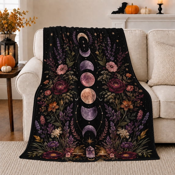 Mystical Moon Phase Florals With Crystal And Candles Cozy Magical Celestial Witchcraft Art Flannel Blanket For Mystic Lovers Housewarming Gift In Bedroom Living Room Soft Home Decor