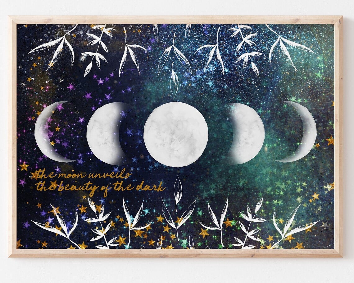 Mystical Moon Phases Celestial Night Sky Stars Boho Wall Art Poster ...