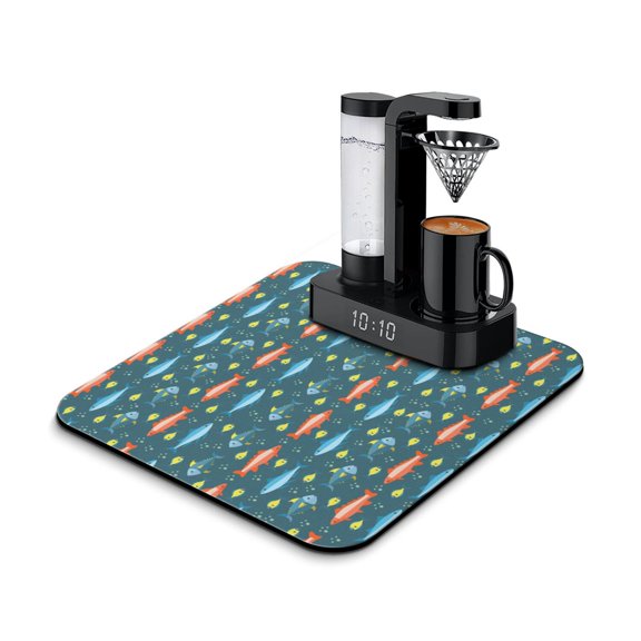 Mystical Moon & Stars Coffee Mat - Non-Slip Counter Protector with Fantasy Fish Illustration