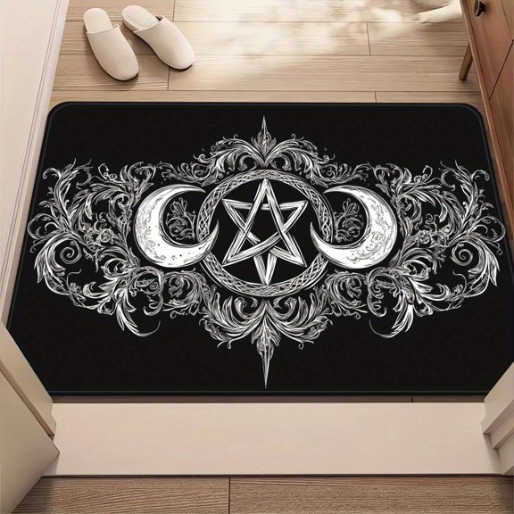 Mystical Moon Stars Occult Non-Slip Door Mat, Black White Pentagram Swirls Floral Pattern, Machine Washable Polyester for Bathroom Bedroom