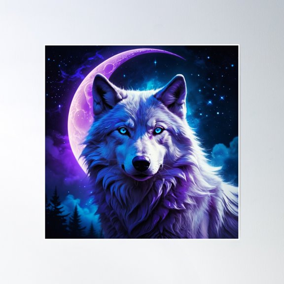 Mystical Moon Wolf Poster Wall Art, Modern Wall Decor, 24x24 UNFRAMED
