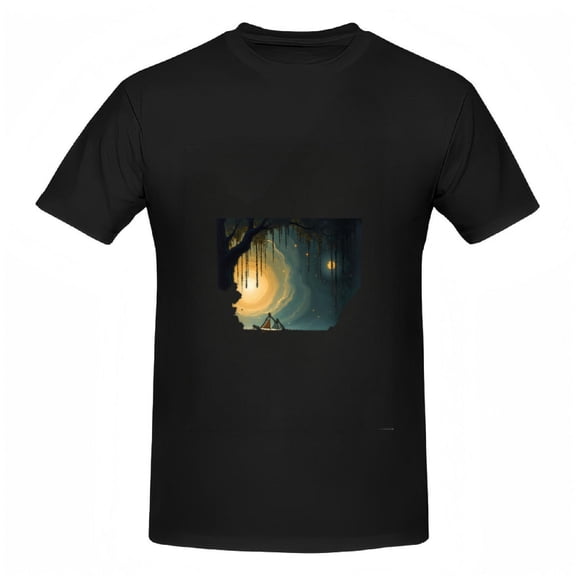 Mystical Moonlight Cotton Short Sleeve T-Shirts for Women - Serene Nature-Inspired Tee Tops with Silhouetted Trees and Vines Design