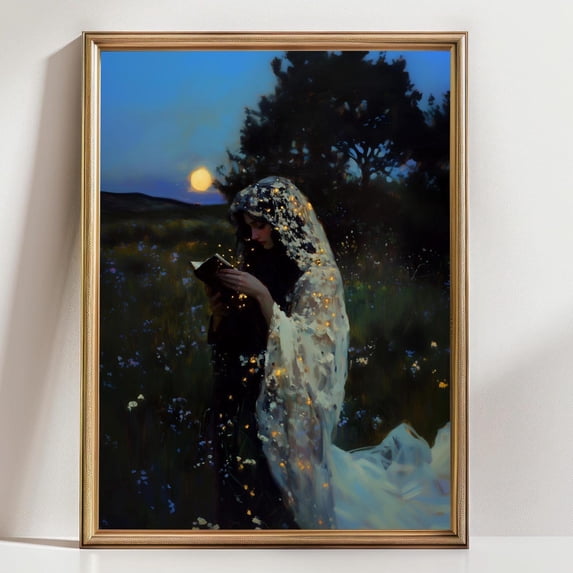 Mystical Moonlight Woman Reading Art - Ethereal Night Scene Print ...
