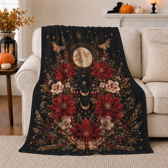 Mystical Moonlit Floral Composition Moths Gothic Boho, Festive Holiday Scene, Warm Flannel Blanket for Living Room and Reading Nook, Art Lovers Friendship Gift, Festive Home Decor