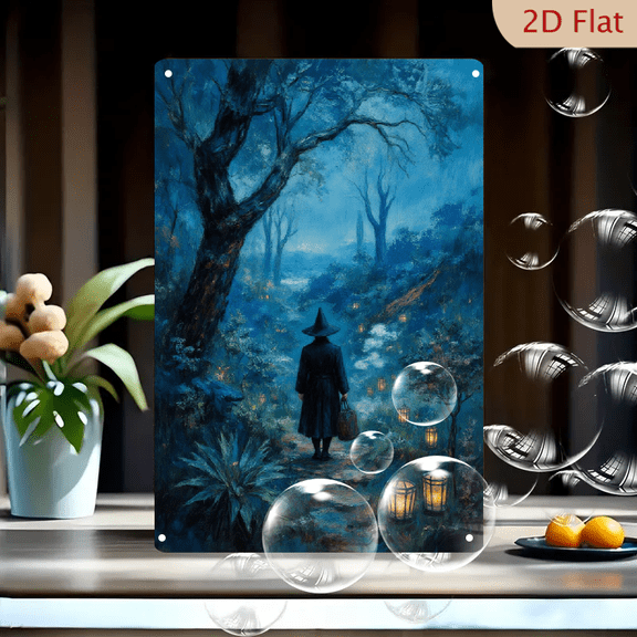 Mystical Moonlit Forest Lantern Path Art Print, 8x12 Inches Metal Wall Decor, Witch in Dark Cloak with Glowing Golden Lights and Deep Blue Indigo Night Sky, Enchanting Serene Woodland Scene for Home