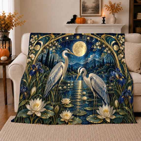 Mystical Moonlit Herons Water Lilies Fantasy Art, Peaceful Mountain Lake Scene, Warm Flannel Blanket for Cabin and Lodge, Outdoor Lovers Camping Gift, Fantasy Home Decor