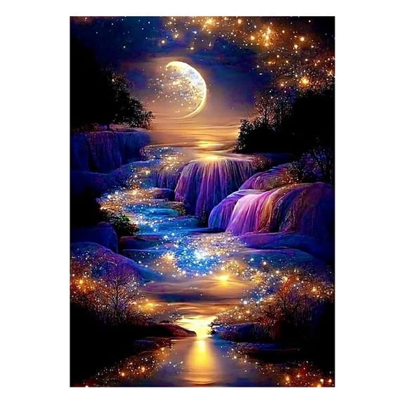 Mystical Moonlit Waterfall DIY Art Kit  Sparkling Full Canvas Night Landscape, 12 x 16 Inch