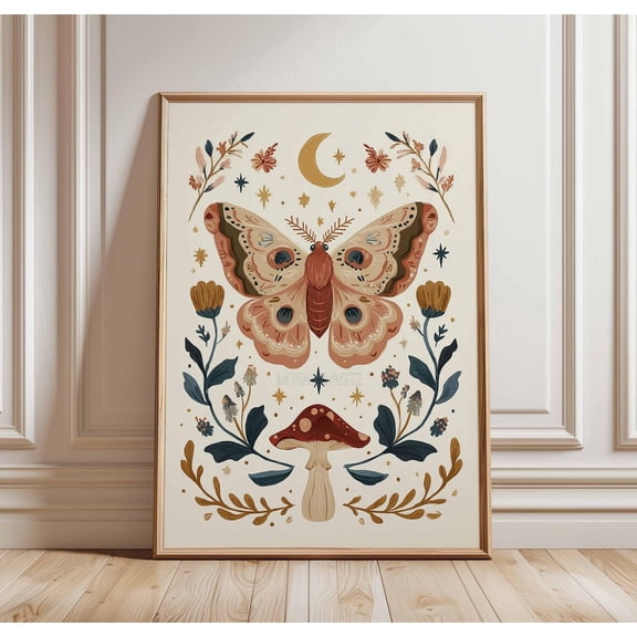 Mystical Moth Botanical Poster, Unframed Paper Poster 8x10in