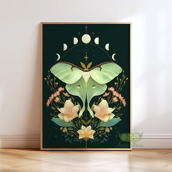 Mystical Moth Celestial Moon Phase Boho Botanical Witchy Nature Decor Luna Dark Academia Gothic, Unframed Poster