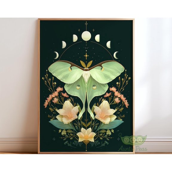 Mystical Moth Celestial Moon Phase Luna Moth Wall Art Print, Unframed Paper Poster 24x36in