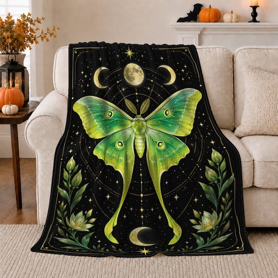 Mystical Moth Moon Phase Gothic Art Festive Celestial, Festive Celestial Art Scene, Warm Flannel Blanket for Sunroom and Reading Nook, Garden Lovers Housewarming Gift, Festive Home Decor