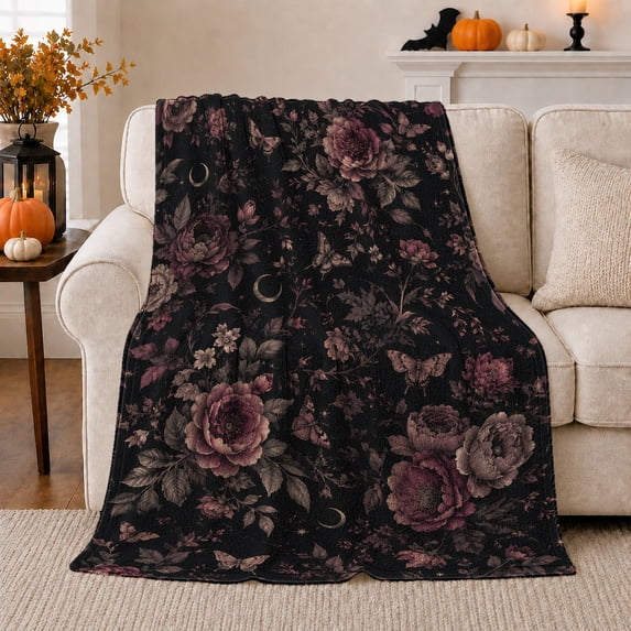 Mystical Moth Peony Floral Pattern, Mystical Celestial Art Scene, Warm Flannel Blanket for Sunroom and Reading Nook, Celestial Art Lovers Housewarming Gift, Celestial Home Decor