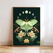 Mystical Moth Wall Art, Celestial Moon Phase Print, Boho Botanical Poster, Witchy Nature Decor, Luna Moth Art, Dark Academia Gothic Print, Poster Only