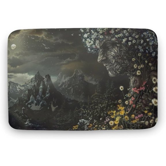 Mystical Mountain Landscape with Floral - Faced Figure Doormat - Unique Artistic Decor for Nature and Fantasy Lovers, Blending Wilderness and Whimsy, Detailed and Vivid Artwork 16x24 inch