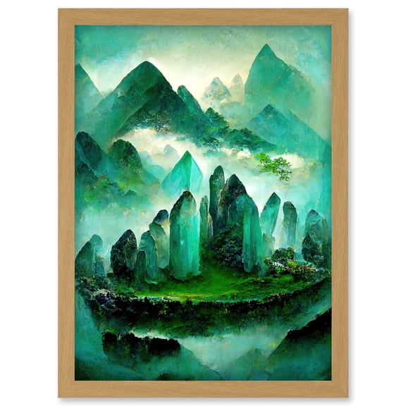 Mystical New Age Crystal Jade Green Landscape Painting Artwork Framed Wall Art Print A4