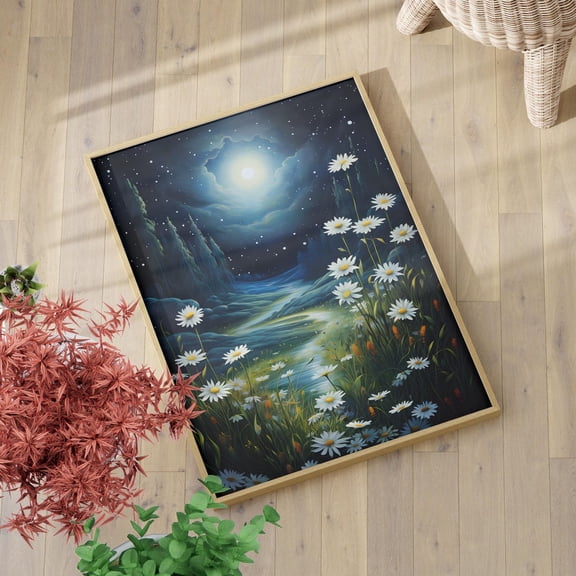 Mystical Night Field Wall Art, Botanical Celestial Girls Decor, Unframed Paper Print Size 8x12