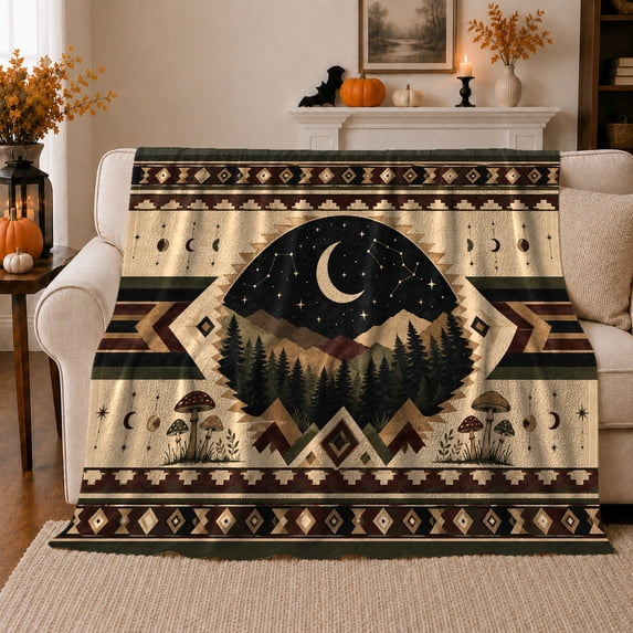 Mystical Night Mountain Crescent Moon Landscape Forest Diamond, Peaceful Mountain Lake Scene, Warm Flannel Blanket for Cabin and Lodge, Outdoor Lovers Camping Gift, Artistic Home Decor