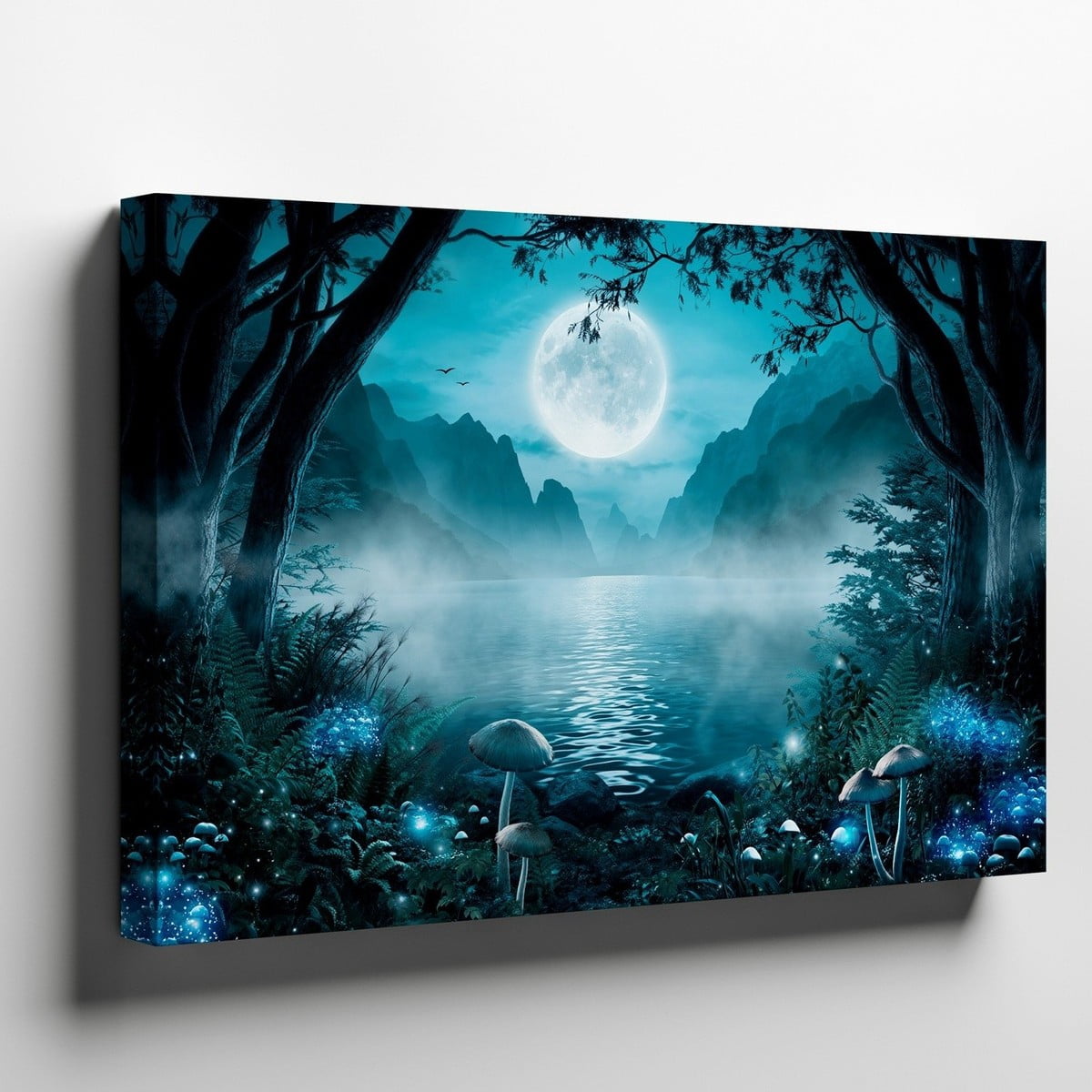 Mystical Night Scene Featuring A Serene Lake Surrounded By Towering ...
