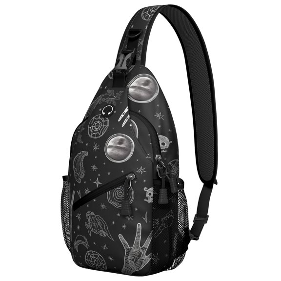 Mystical Night Sky Sling Backpack Gothic Celestial Sunburst Astronomical Art Lunar Eclipse Dark Steampunk Design Crossbody Bag Lightweight Durable