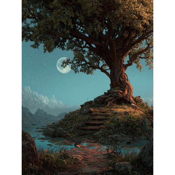 Mystical Oak Tree Moonlit Mountain Canvas Print for Living Room Bedroom Office Hallway Kitchen Decor