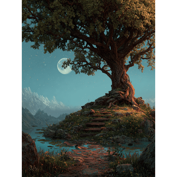 Mystical Oak Tree Moonlit Mountain Canvas Print for Living Room Bedroom Office Hallway Kitchen Decor