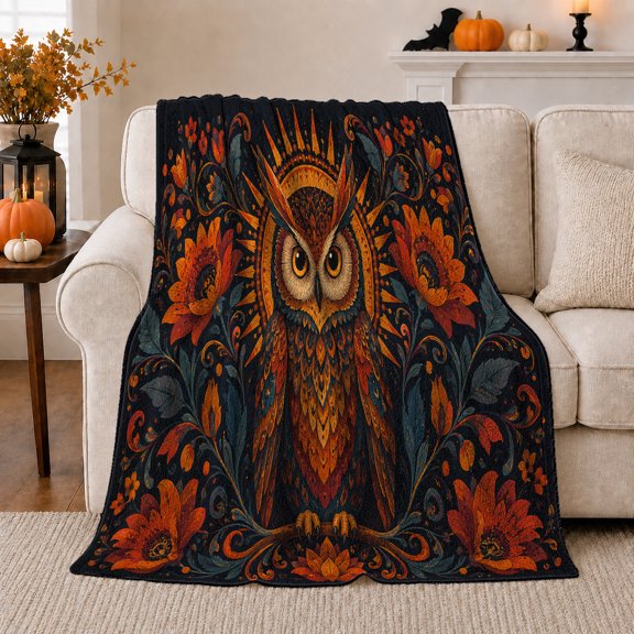 Mystical Owl Folk Art Flowers, Festive autumn celebration Scene, Warm Flannel Blanket for Cabin and Lodge with Detailed Artwork, Art Lovers autumn celebration Gift, Festive Home Decor