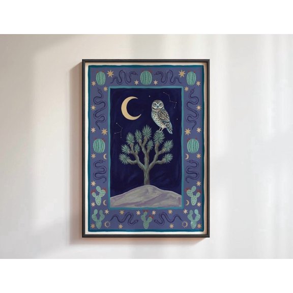 Mystical Owl Joshua Tree Wall Art Celestial Snake Home Decor Unframed Paper Print