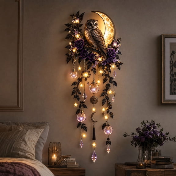 Mystical Owl Moon Wall Decor, Lighted Purple Floral Felt Hanging for Gothic Bedroom and Living Room
