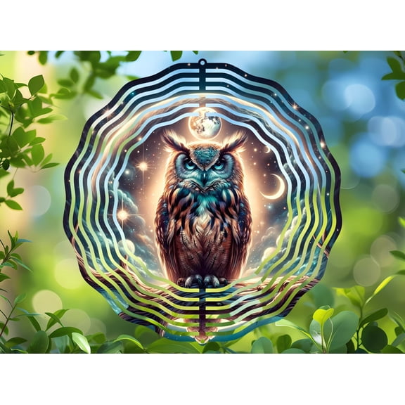 Mystical Owl Night Sky 3D Wind Spinner, Kinetic Stainless Steel Hanging Celestial Garden Art