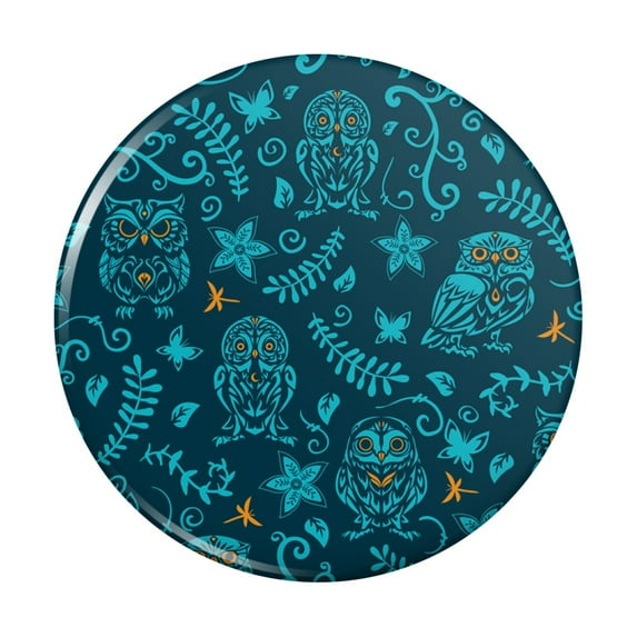 Mystical Owl Pattern with Butterflies Dragonflies Leaves Flowers Pinback Button Pin
