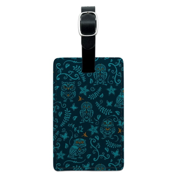 Mystical Owl Pattern with Butterflies Dragonflies Leaves Flowers Rectangle Leather Luggage Card Suitcase Carry-On ID Tag