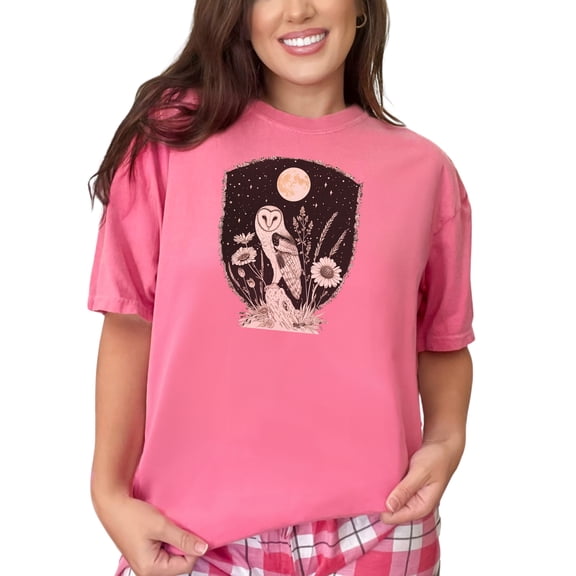 Mystical Owl T-Shirt, Moonlit Garden Tee, Nighttime Nature Shirt, Vintage Space Owl Print, Botanical T-Shirt, Starry Night Design, Crunchberry Comfort Colors T-Shirt, XL