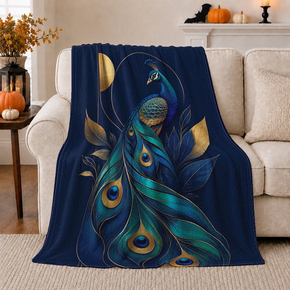 Mystical Peacock Celestial Moon Art, Mystical Celestial Art Scene, Warm Flannel Blanket for Cabin and Lodge, Wildlife Lovers Housewarming Gift, Celestial Home Decor
