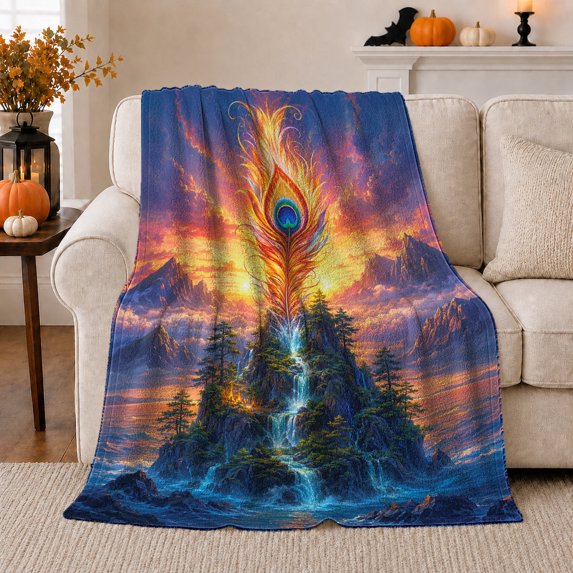 Mystical Peacock Feather Waterfall Landscape Digital Art, Peaceful Mountain Lake Scene, Warm Flannel Blanket for Cabin and Lodge, Outdoor Lovers Camping Gift, Fantasy Home Decor