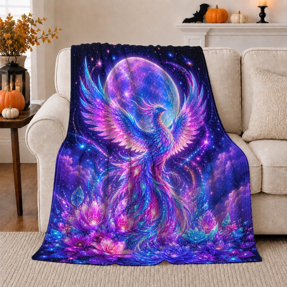 Mystical Phoenix Celestial Moon Fantasy Art, Mystical Celestial Art Scene, Warm Flannel Blanket for Sunroom and Reading Nook, Celestial Art Lovers Housewarming Gift, Fantasy Home Decor