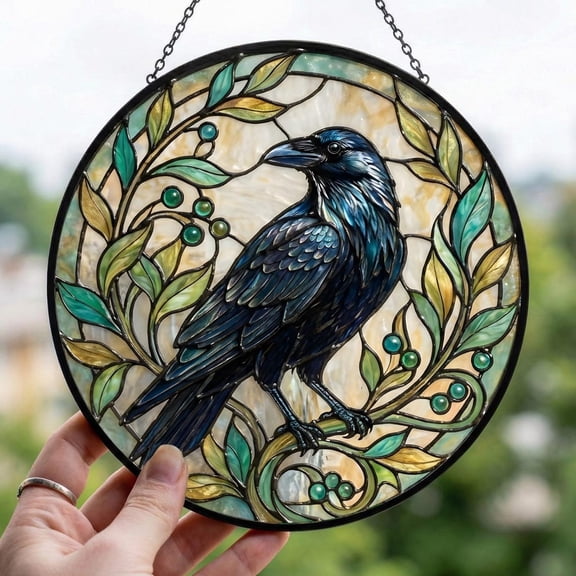 Mystical Raven Suncatcher, Celestial Moon & Stars Window Art, Gothic Room Decor, 6.3 in