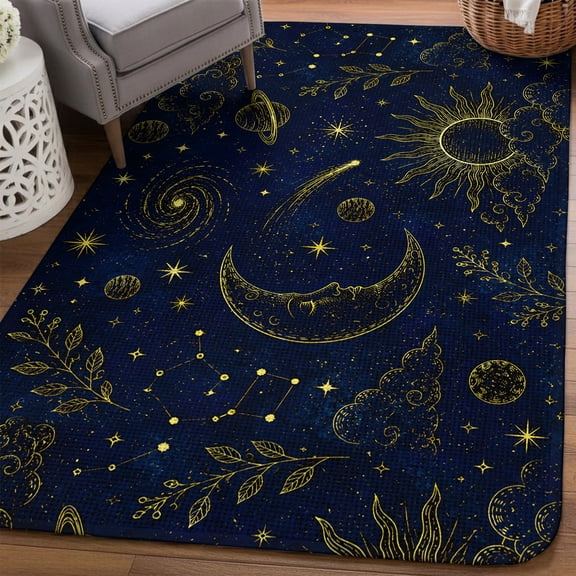 Mystical Sky Area Rugs for Living Room 5x6, Fantasy Blue Night Moon Face Stars Sun Clouds Leaf Washable Area Rug Non Slip, Stain Resist Linen Carpet for Bedroom, Dining Room, Entryway, Entrance