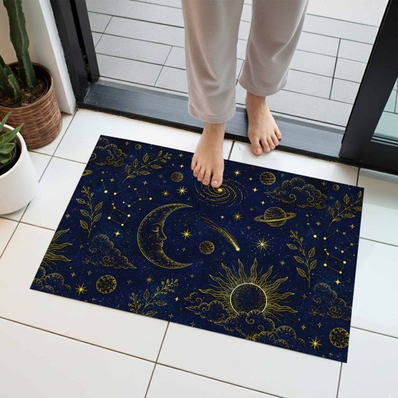Mystical Sky Indoor Door Mat 20x31.5 Inch Fantasy Blue Night Moon Face Stars Sun Clouds Leaf Front Door Mat Non Slip Washable Entryway Rug Low Profile Dirt Trapper Doormat for Kitchen Bedroom