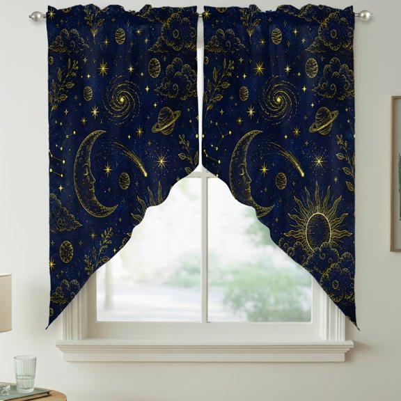 Mystical Sky Swag Curtain Valances for Kitchen, Fantasy Blue Night Moon Face Stars Sun Clouds Leaf Rod Pocket Curtains Window Treatment Swag Valance for Bedroom Bathroom, 2 Panels 36 x 63 Inch